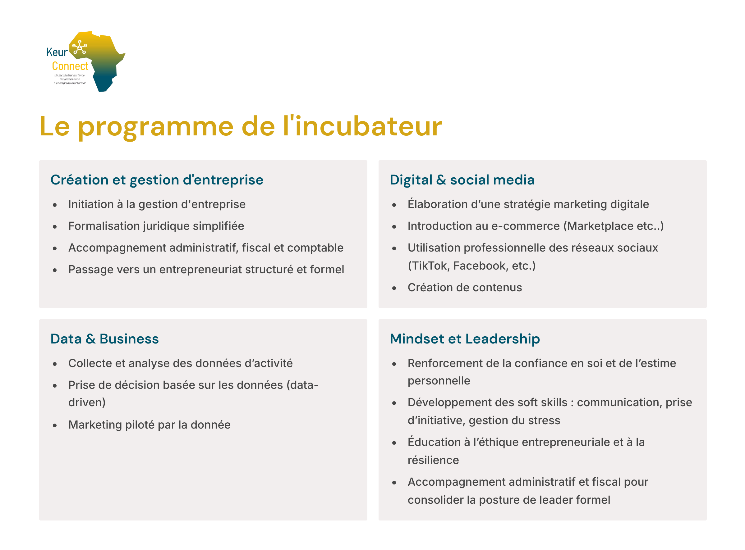 incubateur jeunes entrepreneurs, entrepreneuriat formel, transition économie informelle, accompagnement création d’entreprise, formalisation économique durable, structuration d’activités, croissance des projets, modèle d’incubation reproductible, autonomisation des jeunes, développement local, impact social, inclusion économique, entrepreneuriat féminin, innovation sociale, incubation Afrique